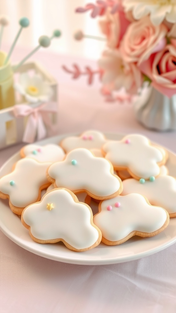 Cloud-shaped baby shower cookies with white icing and pastel decorations on a decorative plate.
